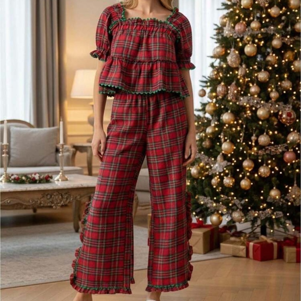 Elegant Red Plaid Women's Wide Leg PJ’s